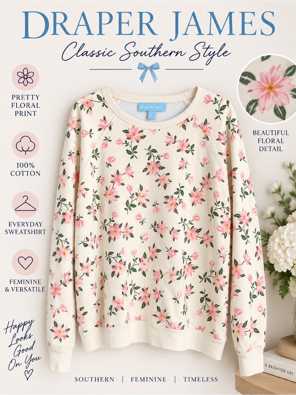 Draper James Pink Floral Cream Cotton Sweatshirt Women’s Large Cottagecore